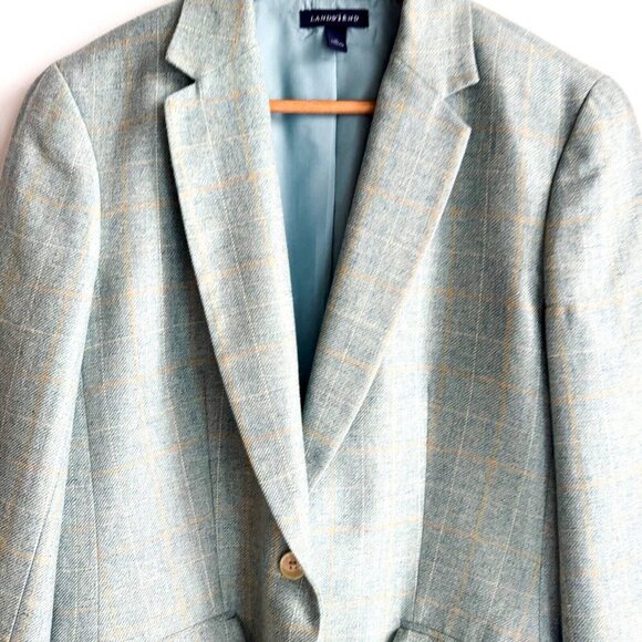 Land's End Blue Plaid Wool Silk Linen Blend Blazer 12 - Picture 3 of 7